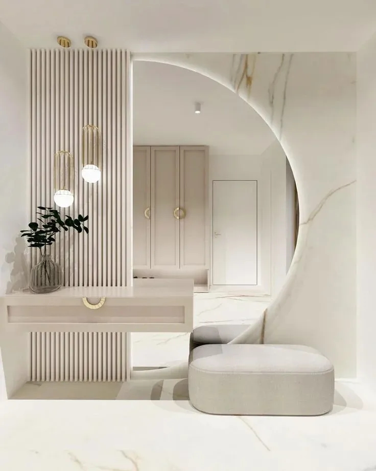 Luxury Modern Wall-Mounted Vanity with Round LED Mirror and Ottoman furniture design in the hallway furniture collection