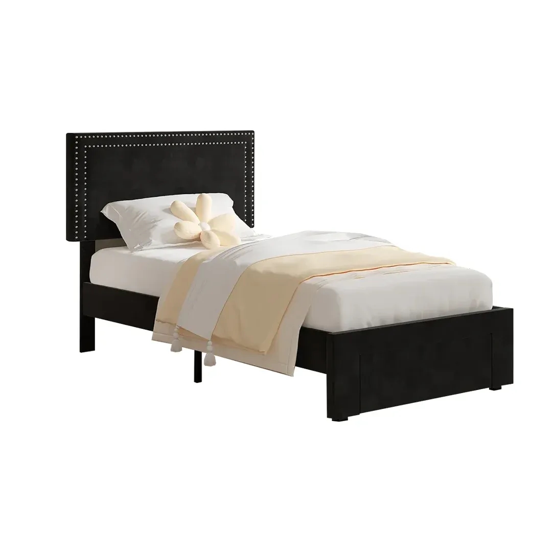 Modern Single Bed with Nailhead Headboard - Single Bed side view