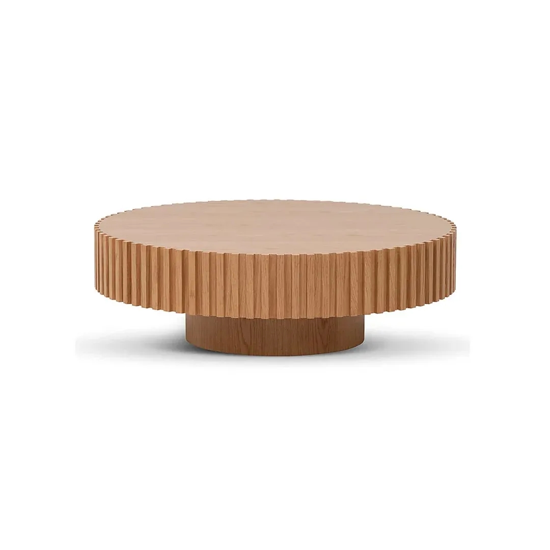 Ansel Slatted Round Center Table with Pedestal Base - Coffee Table white background