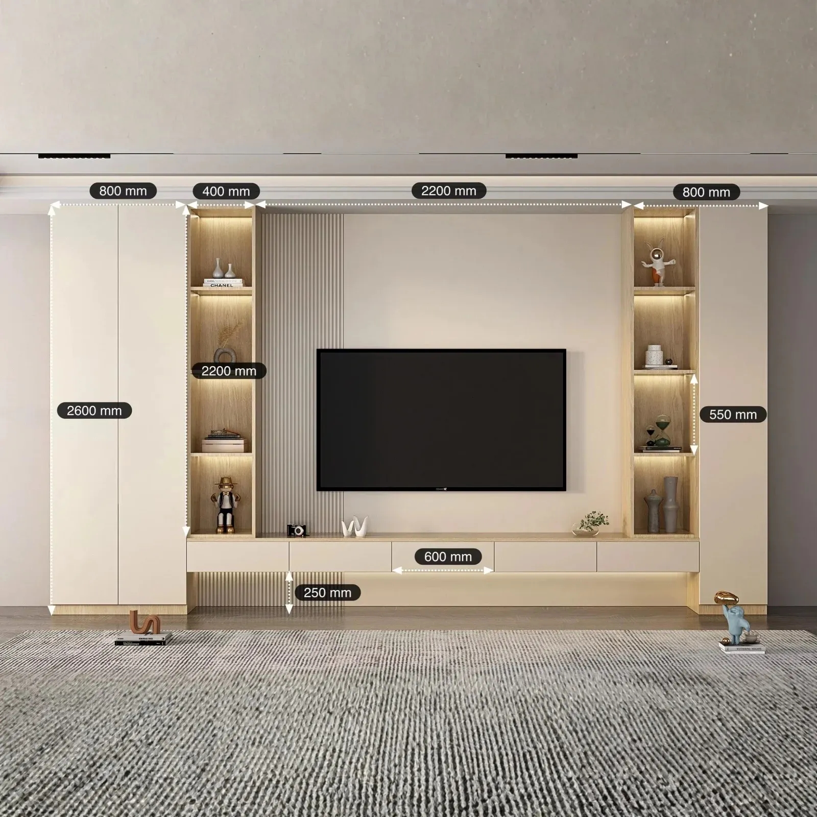 Modern TV Wall Unit with Shelves & Floating Storage- Tv unit Front view