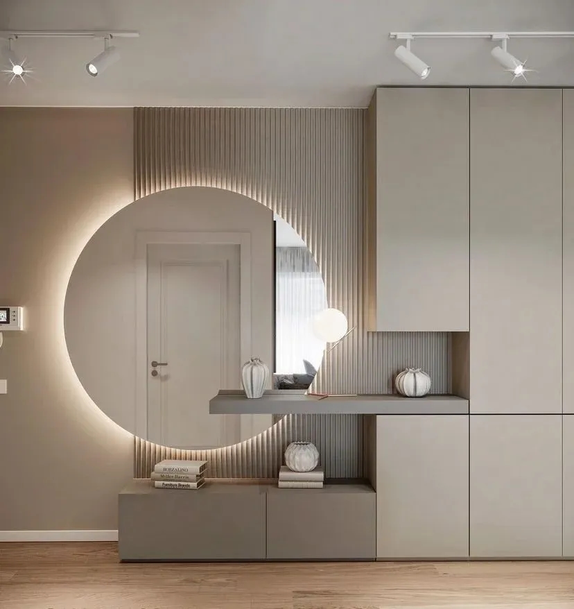 Modern LED Circle Mirror Wall Unit with Hidden Storage furniture design in the hallway furniture collection
