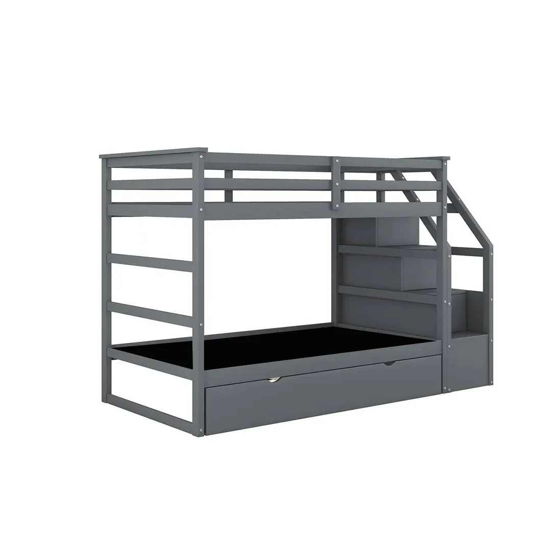 Luxury Triple Wooden Bunk Bed with Stairs & Pull-Out Trundle - Bunk Bed grey color