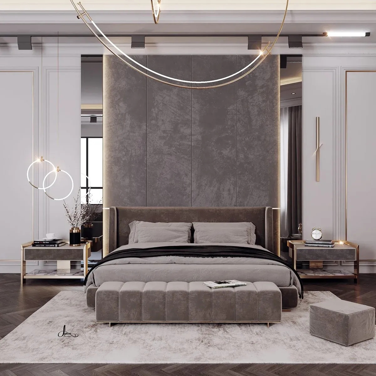 Fabric with Mirror headboard Wall Panel furniture design in the head board collection