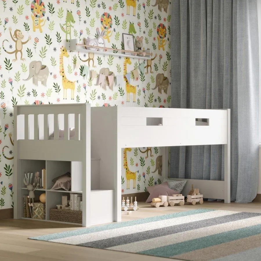 Modern Kids Loft Bed with Storage Shelves