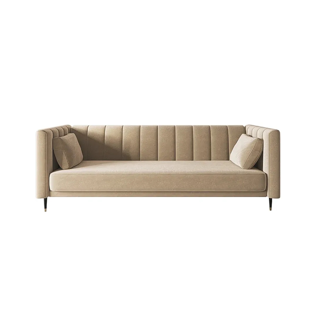 Modern Velvet Sofa with Channel Tufting - Sofa beige color front