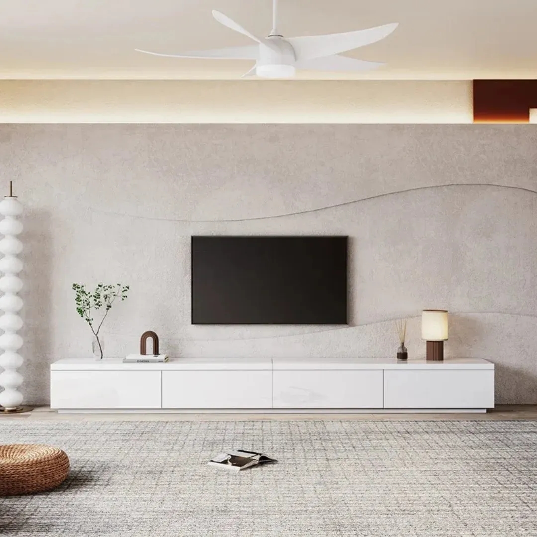 Sleek Low-Profile TV Stand – Contemporary Entertainment Unit Dubai - Tv unit front view white lifestyle