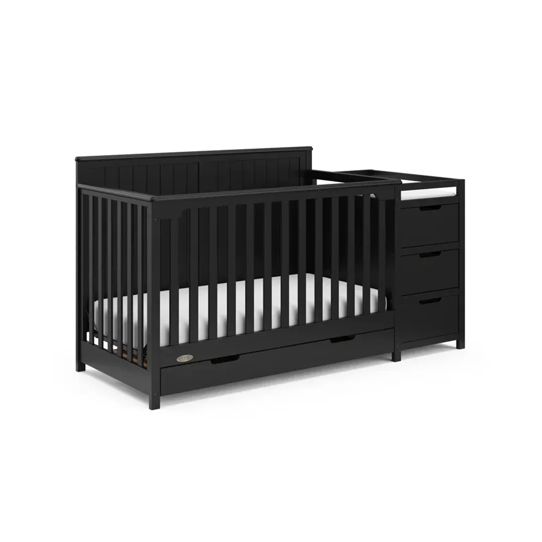 4-in-1 Convertible Baby Crib with Changing Table & Storage - Baby Crib black color side view