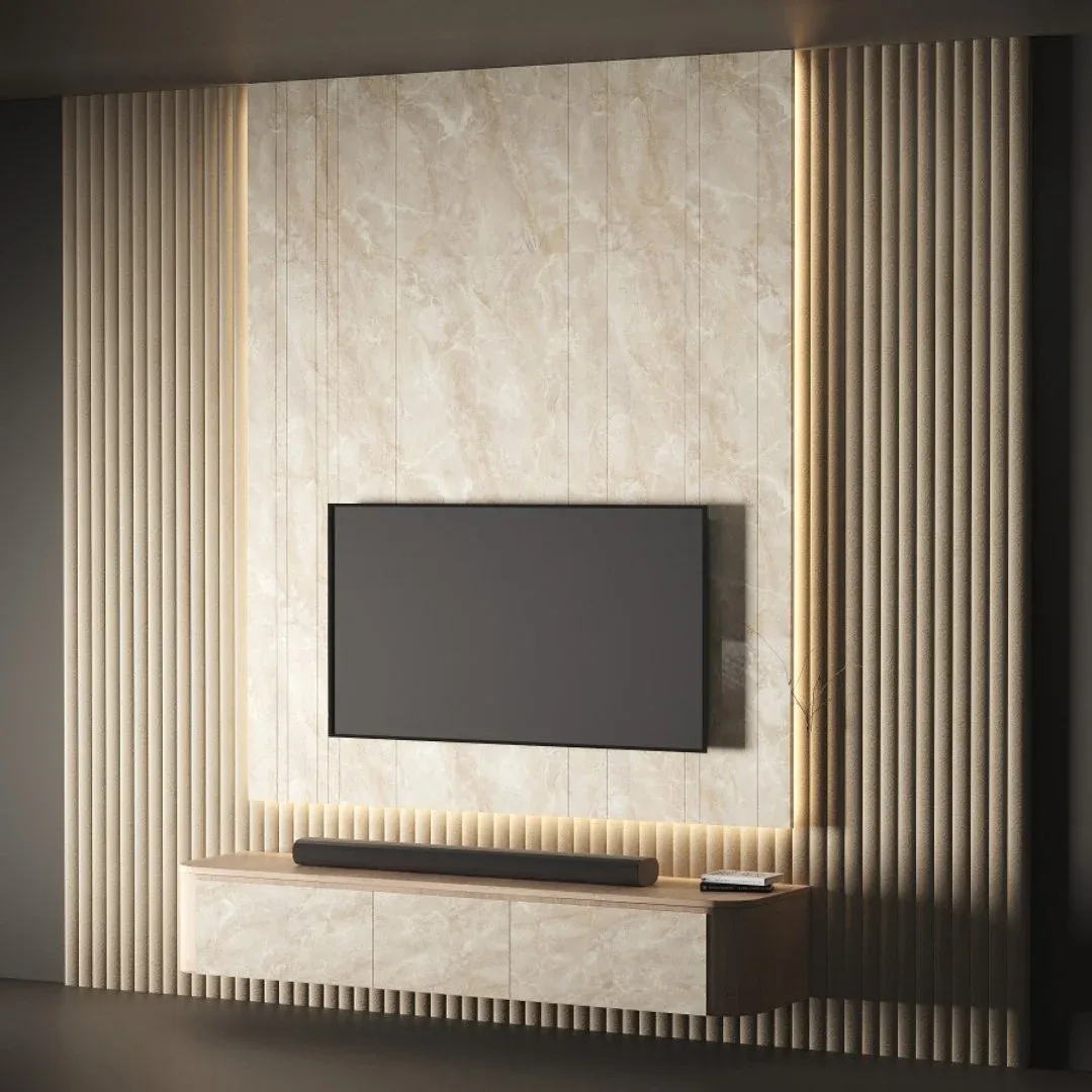 Luxury TV Wall Panel with Floating Cabinet- Tv unit side view