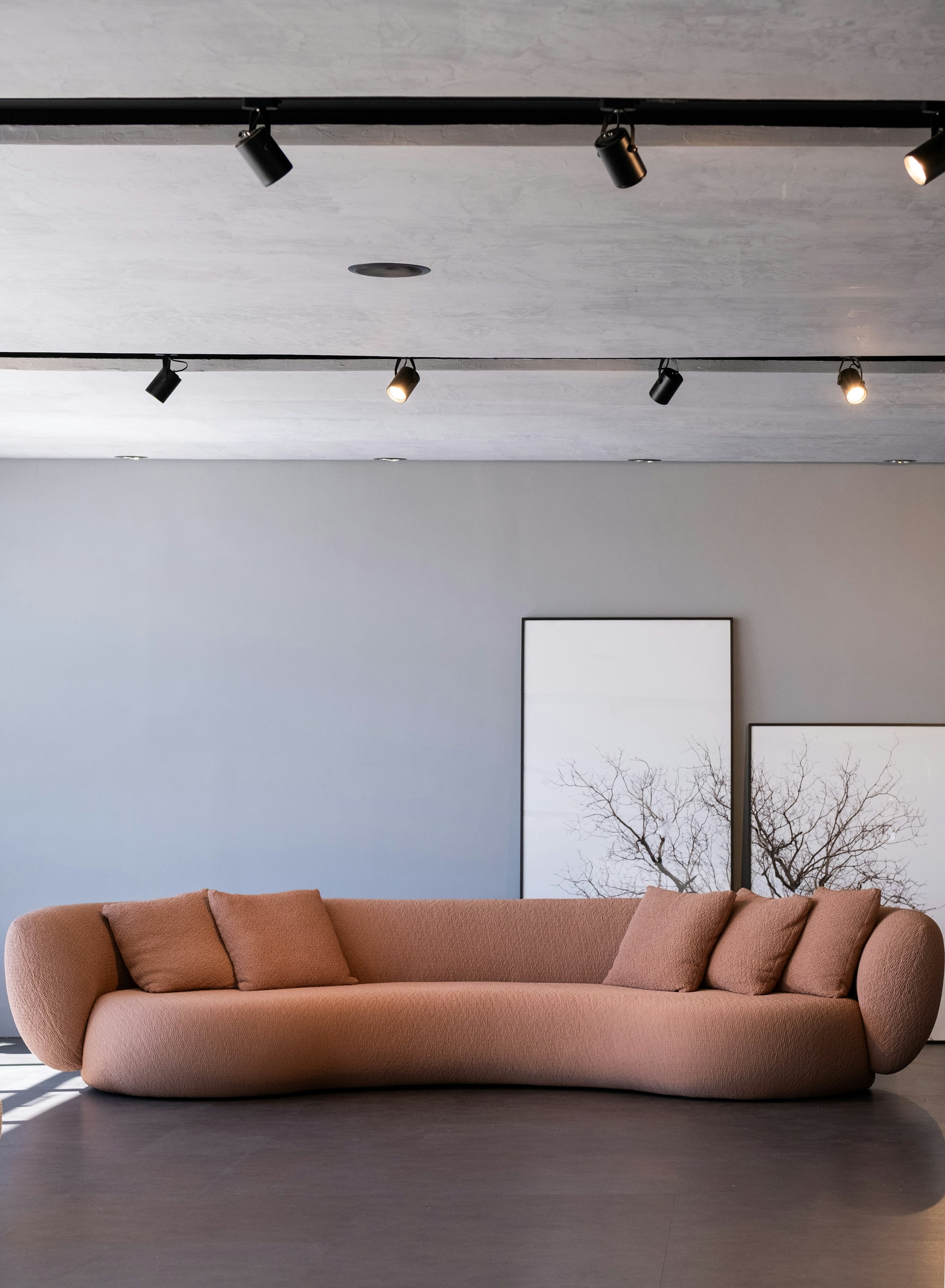 Contemporary grey lounge sofa styled in a bright living room