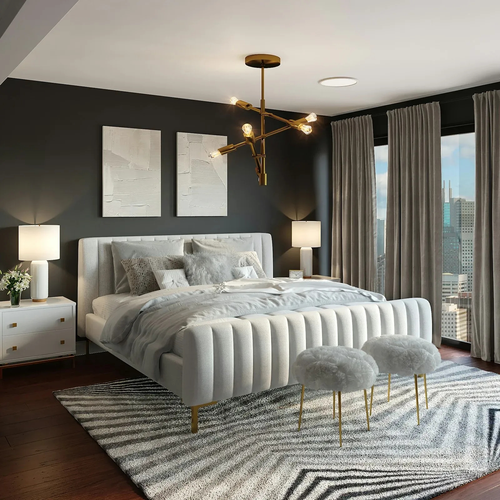 Bed frame with padded upholstery panels