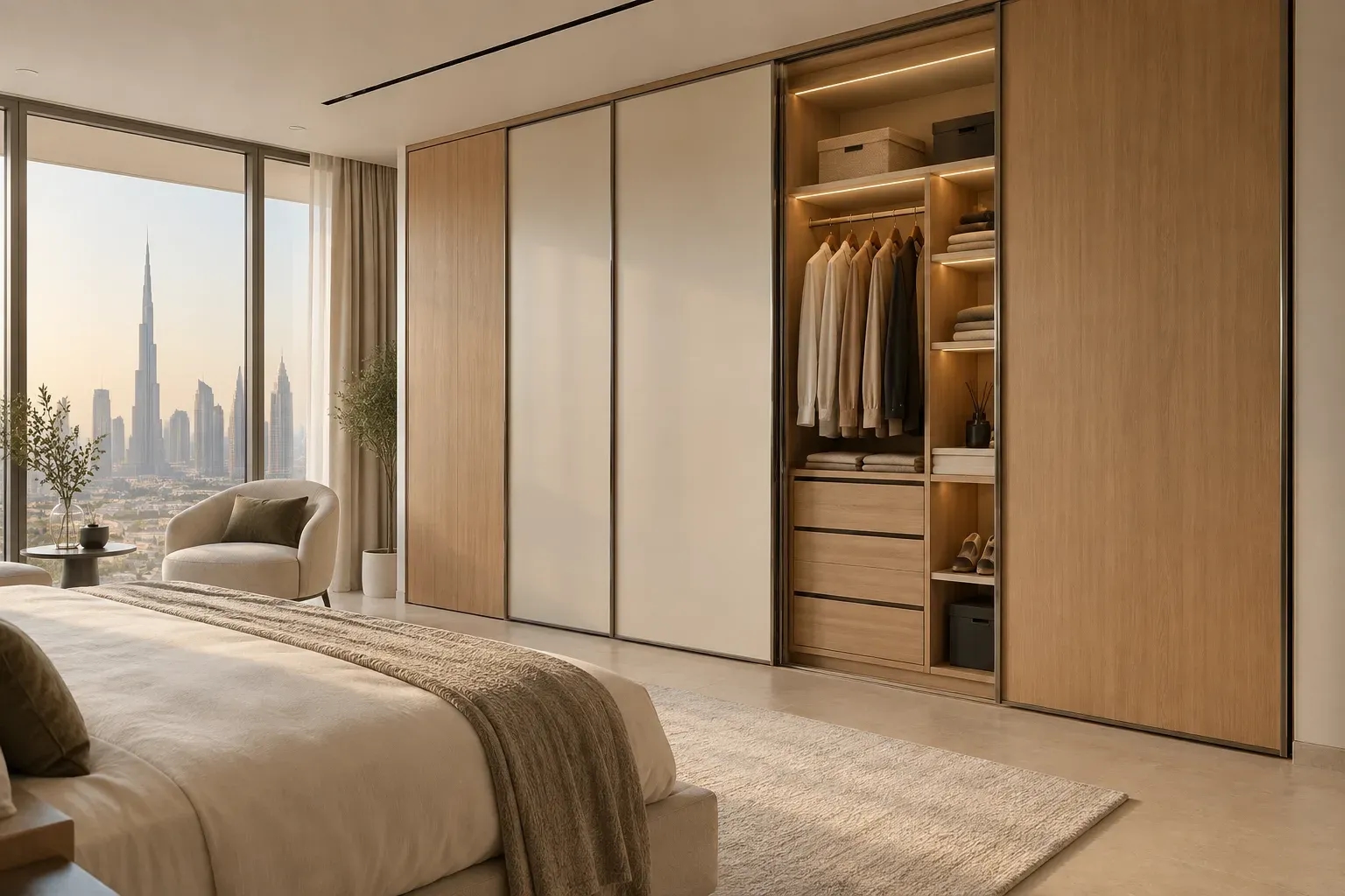 Floor-to-ceiling oak sliding wardrobe with drawers, shelves and hanging space
