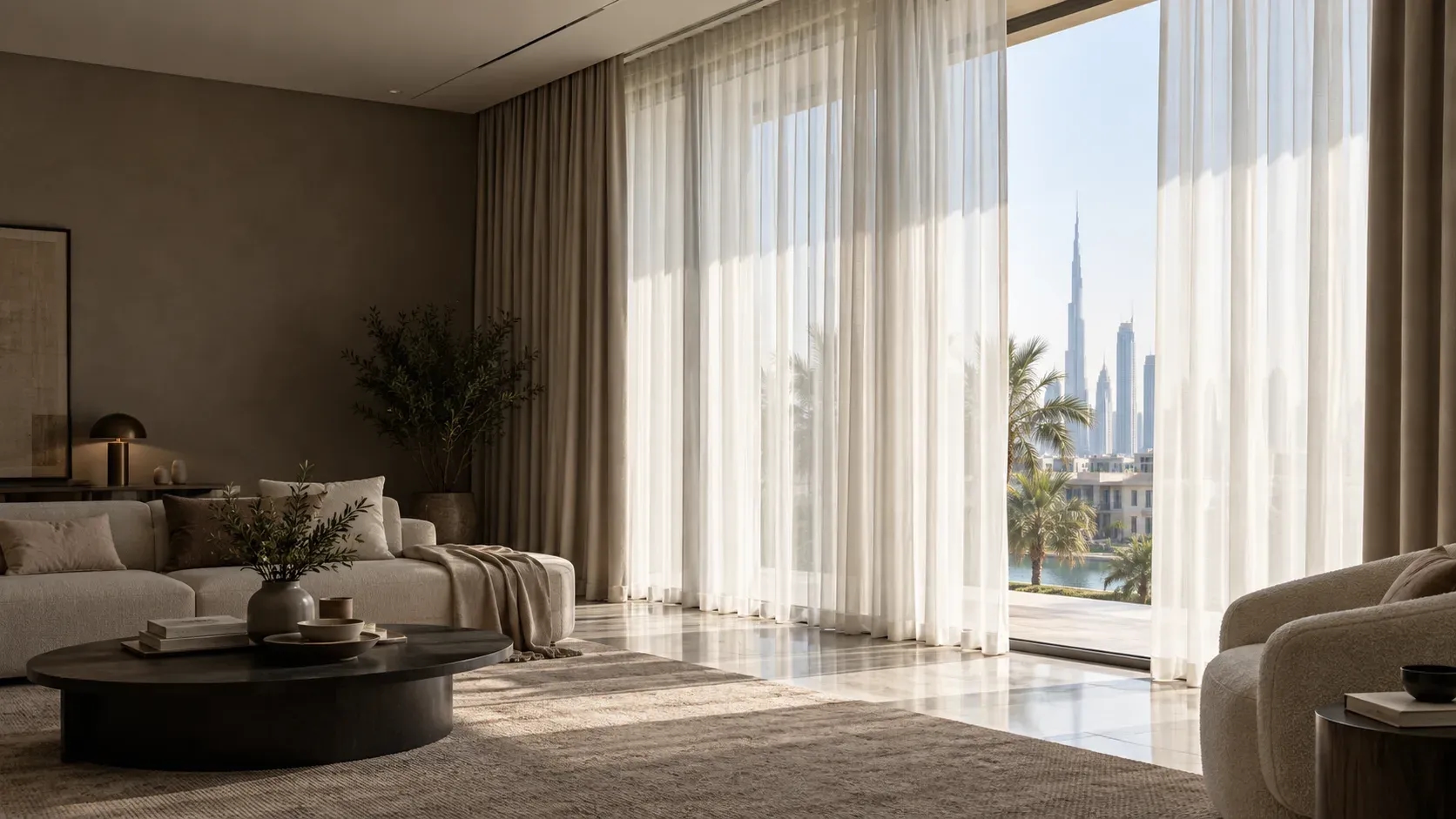 Floor-to-ceiling white sheers layered with taupe blackout curtains