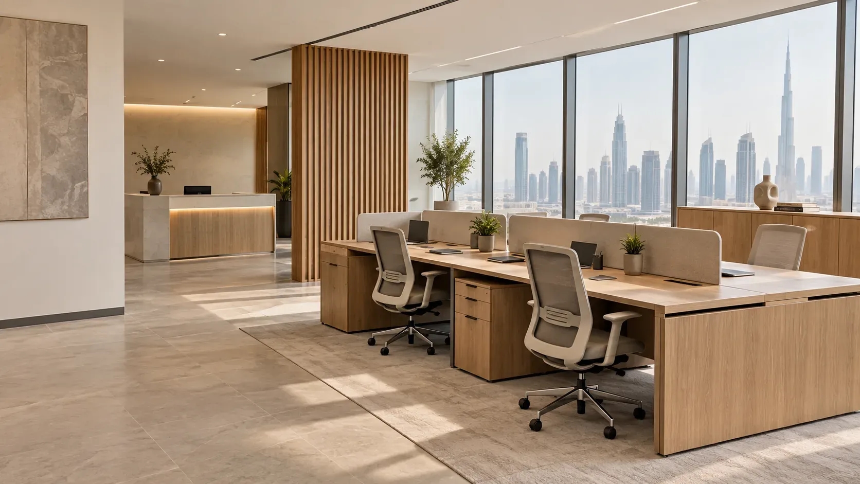 Custom oak office workstations with cable ports, storage and a reception counter