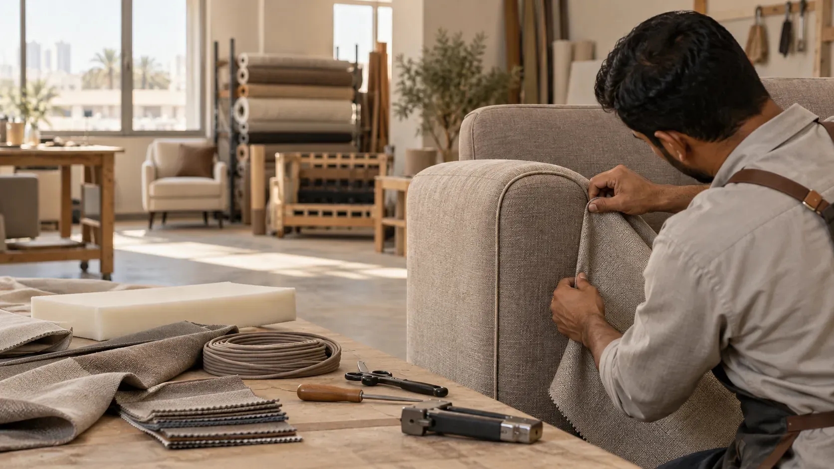 Craftsperson fitting taupe woven upholstery to a sofa arm in a furniture workshop