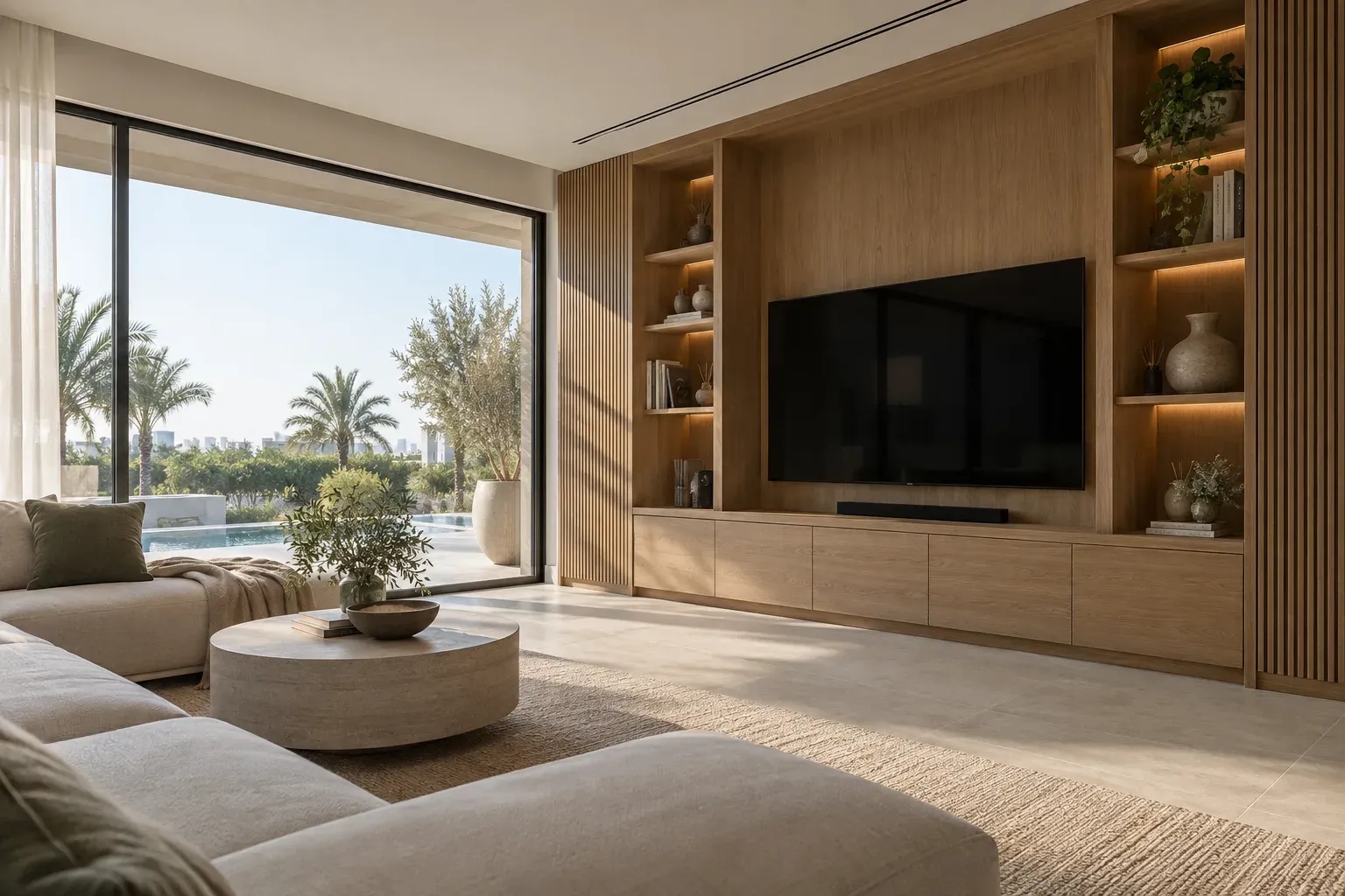 Custom oak media wall with integrated shelving and low storage in a contemporary villa