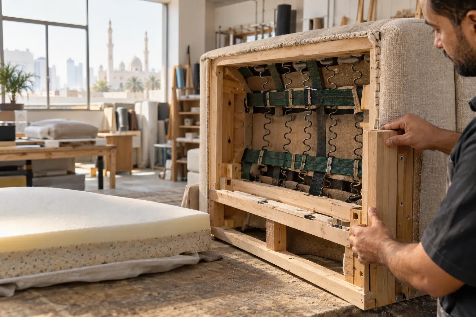 Craftsperson inspecting an exposed sofa frame, springs and webbing in a workshop