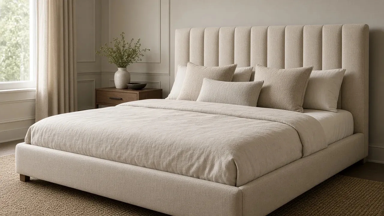 Refreshed headboard upholstery with renewed fabric — inspiration only