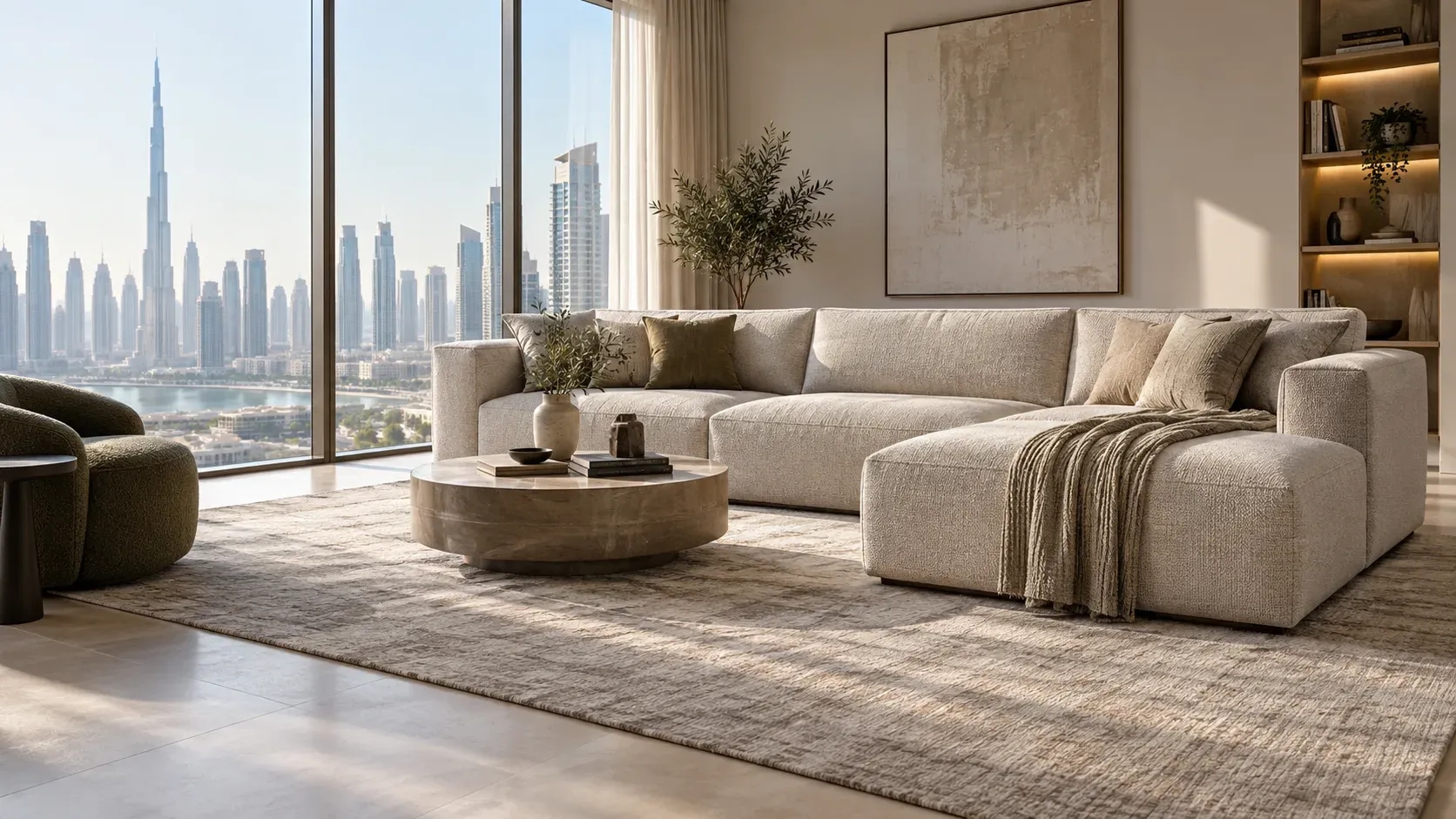 Large made-to-measure L-shaped sofa in textured oatmeal upholstery