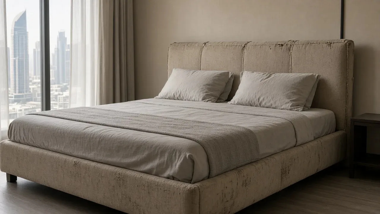 Worn headboard fabric showing fading and flattening — inspiration only