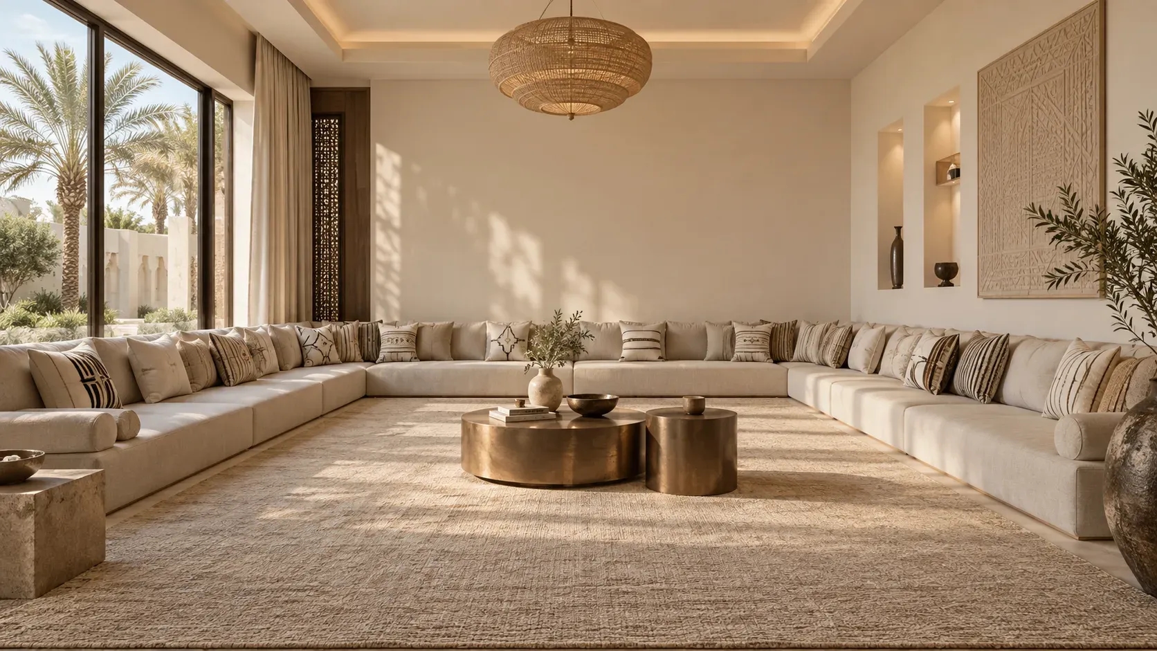 Modern Arabic Majlis with continuous low beige seating around three walls