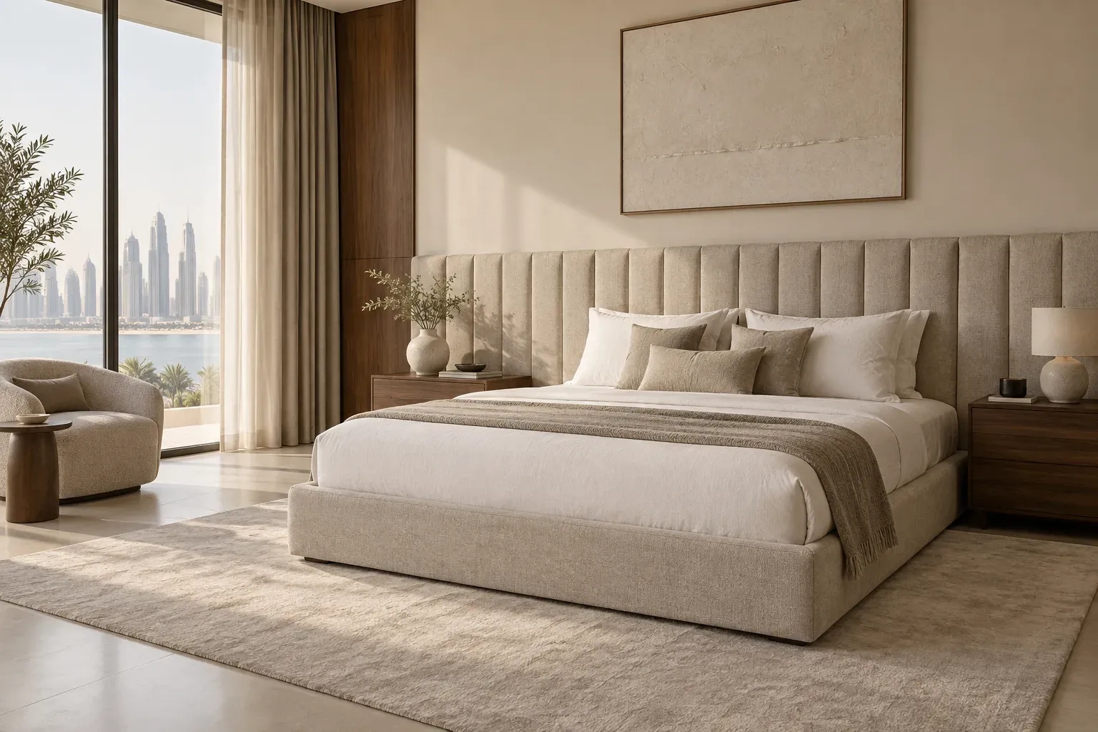 Custom upholstered bed with a wide channelled oatmeal headboard