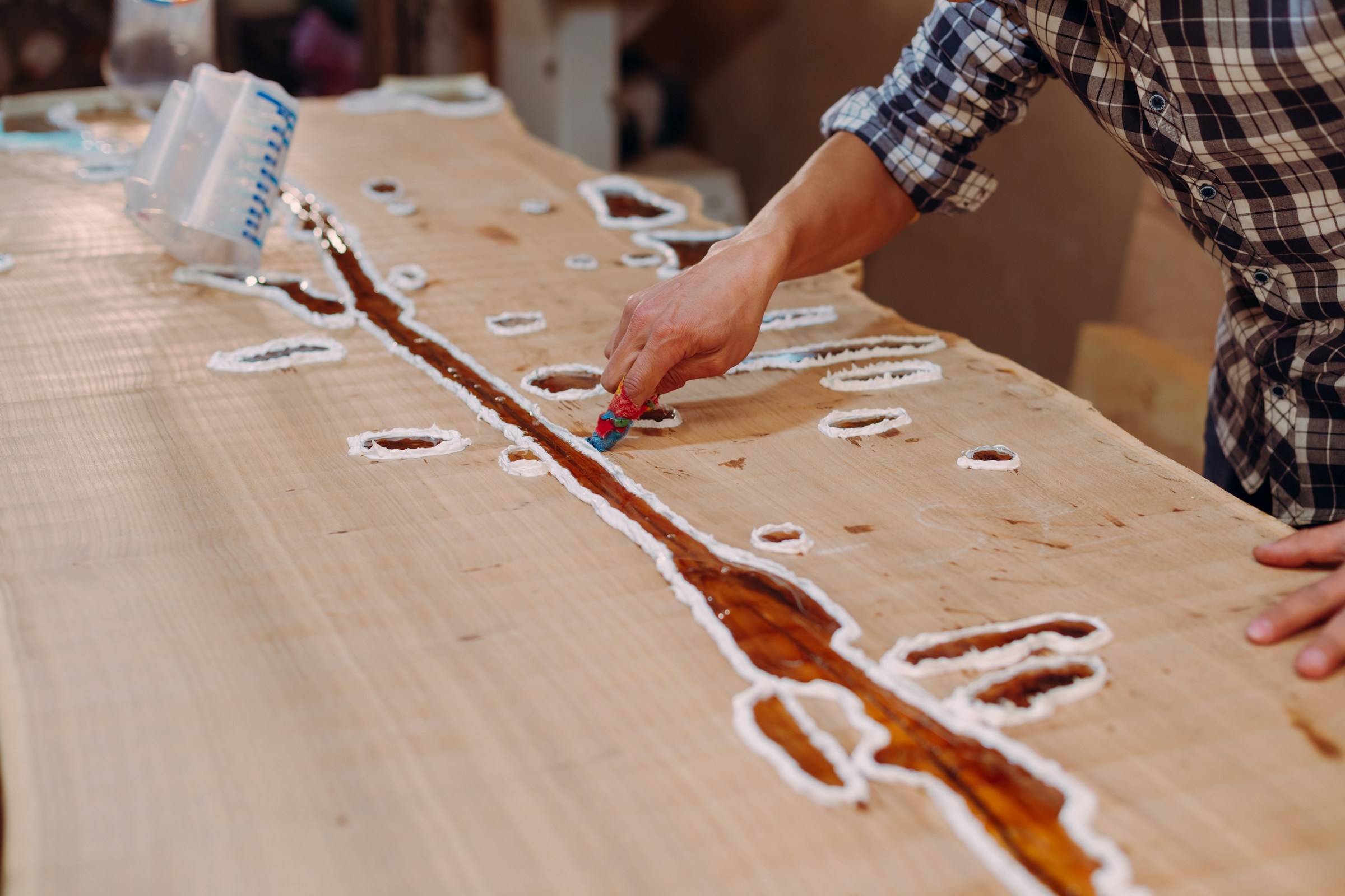 Workbench with timber strips in a furniture workshop
