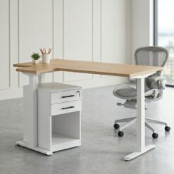 Electric L-Shaped Standing Desk | White Frame & Oak Top | Dual Motor Height Adjustable | UAE