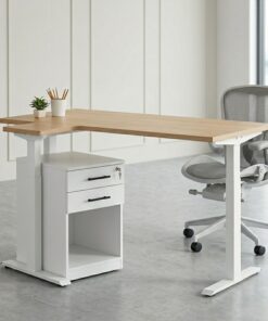 Electric L-Shaped Standing Desk | White Frame & Oak Top | Dual Motor Height Adjustable | UAE