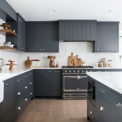 Modern Shaker Kitchen Cabinet System | Matte Charcoal & Beadboard Detail | Custom Fit-Out | UAE