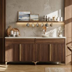 Modern Walnut Dining Sideboard | Fluted Doors & Marble Top | Brass Accents | UAE