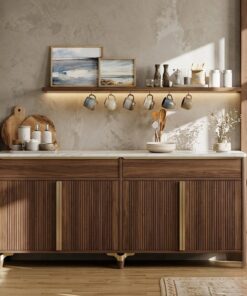 Modern Walnut Dining Sideboard | Fluted Doors & Marble Top | Brass Accents | UAE