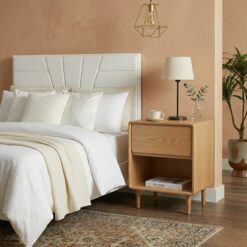 Modern Wood Nightstand | Natural Oak Finish | Soft-Close Drawer & Open Shelf