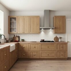 Natural Oak Shaker Kitchen Cabinet System | Reeded Glass & Brass Hardware | Custom Fit-Out | UAE