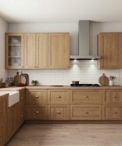 Natural Oak Shaker Kitchen Cabinet System | Reeded Glass & Brass Hardware | Custom Fit-Out | UAE