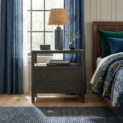 Transitional Grey Wood Nightstand | 2-Drawer with Brass Ring Pulls | Open Top Shelf | UAE