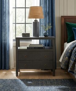 Transitional Grey Wood Nightstand | 2-Drawer with Brass Ring Pulls | Open Top Shelf | UAE