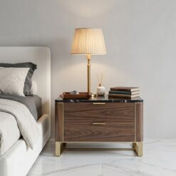 Luxury Walnut Nightstand with Black Marble Top | Gold Metal Legs | 2-Drawer | UAE