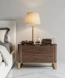Luxury Walnut Nightstand with Black Marble Top | Gold Metal Legs | 2-Drawer | UAE